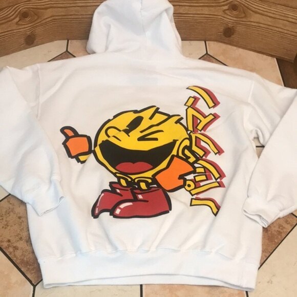 Pac-Man video game graphic design white pullover hoodie size large - Picture 11 of 12